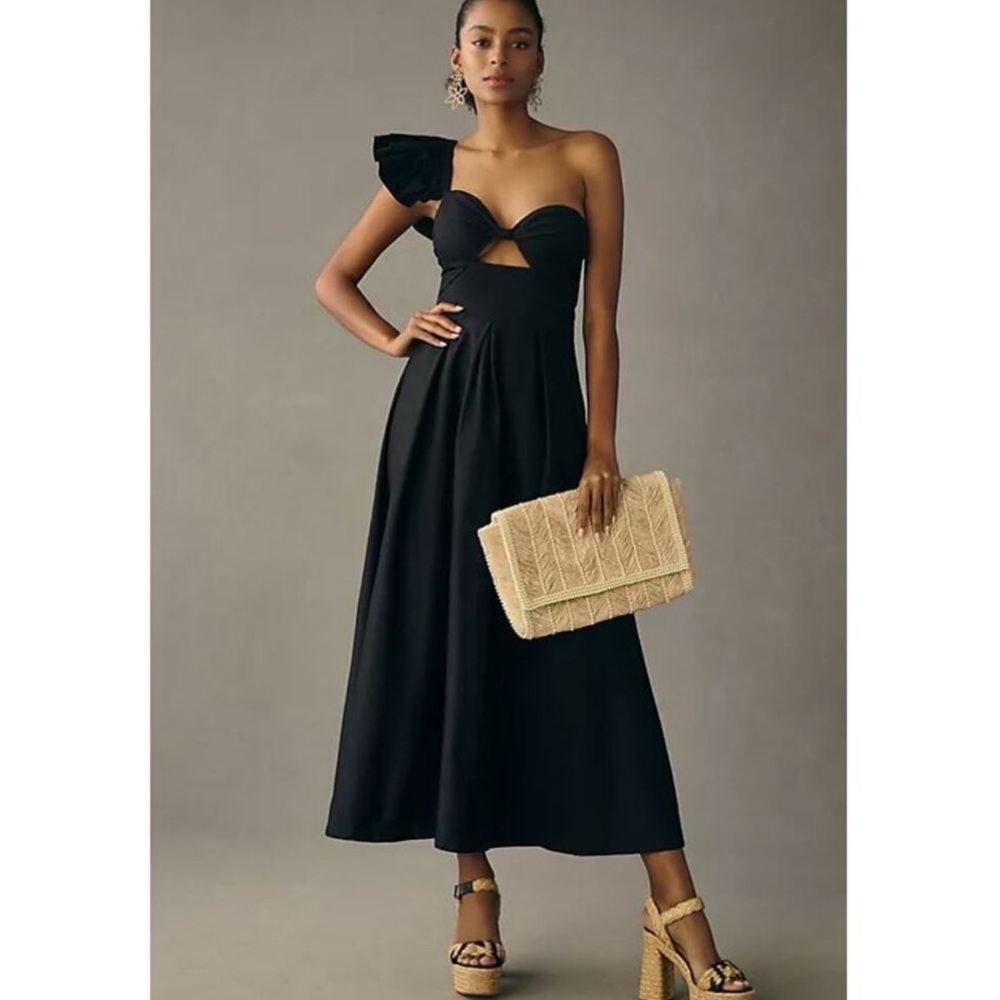 EVA FRANCO Black One Shoulder Midi Dress (Size 8)